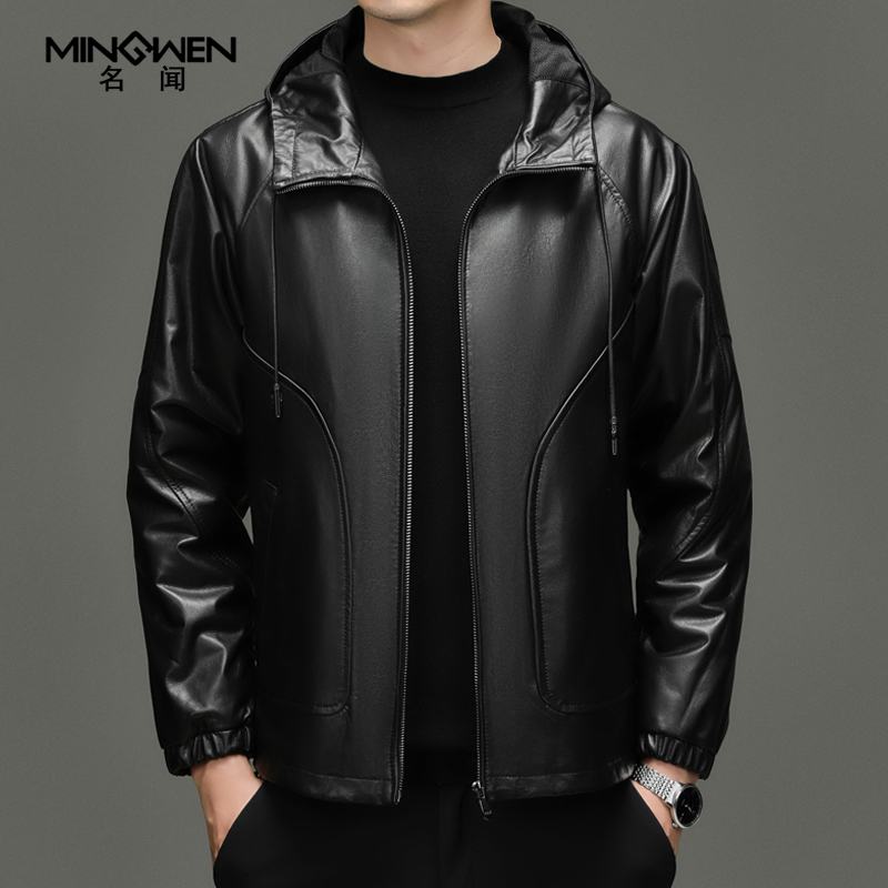 鹅绒内胆连帽油蜡头层软牛皮皮衣