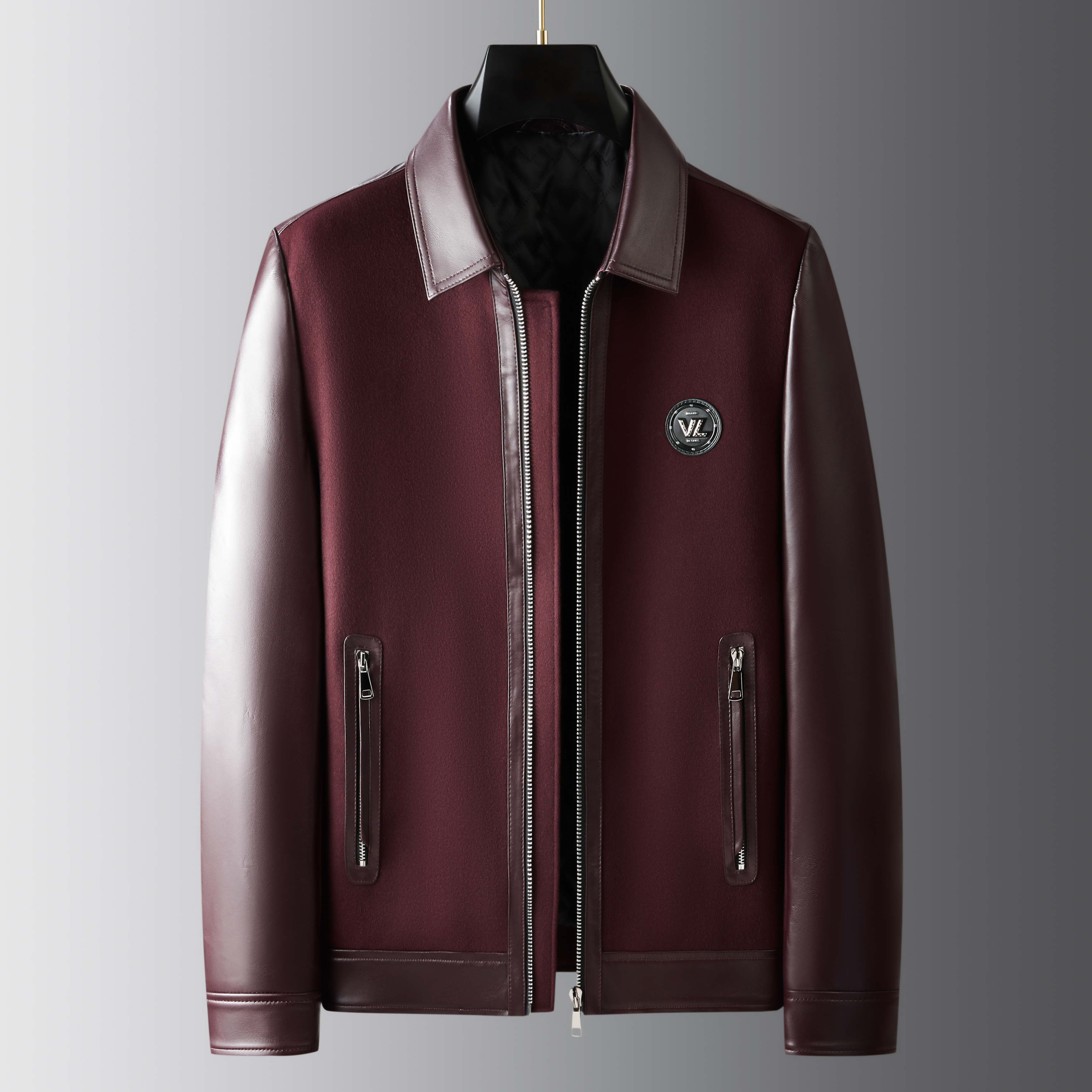 羊毛呢绵羊皮拼接翻领夹克