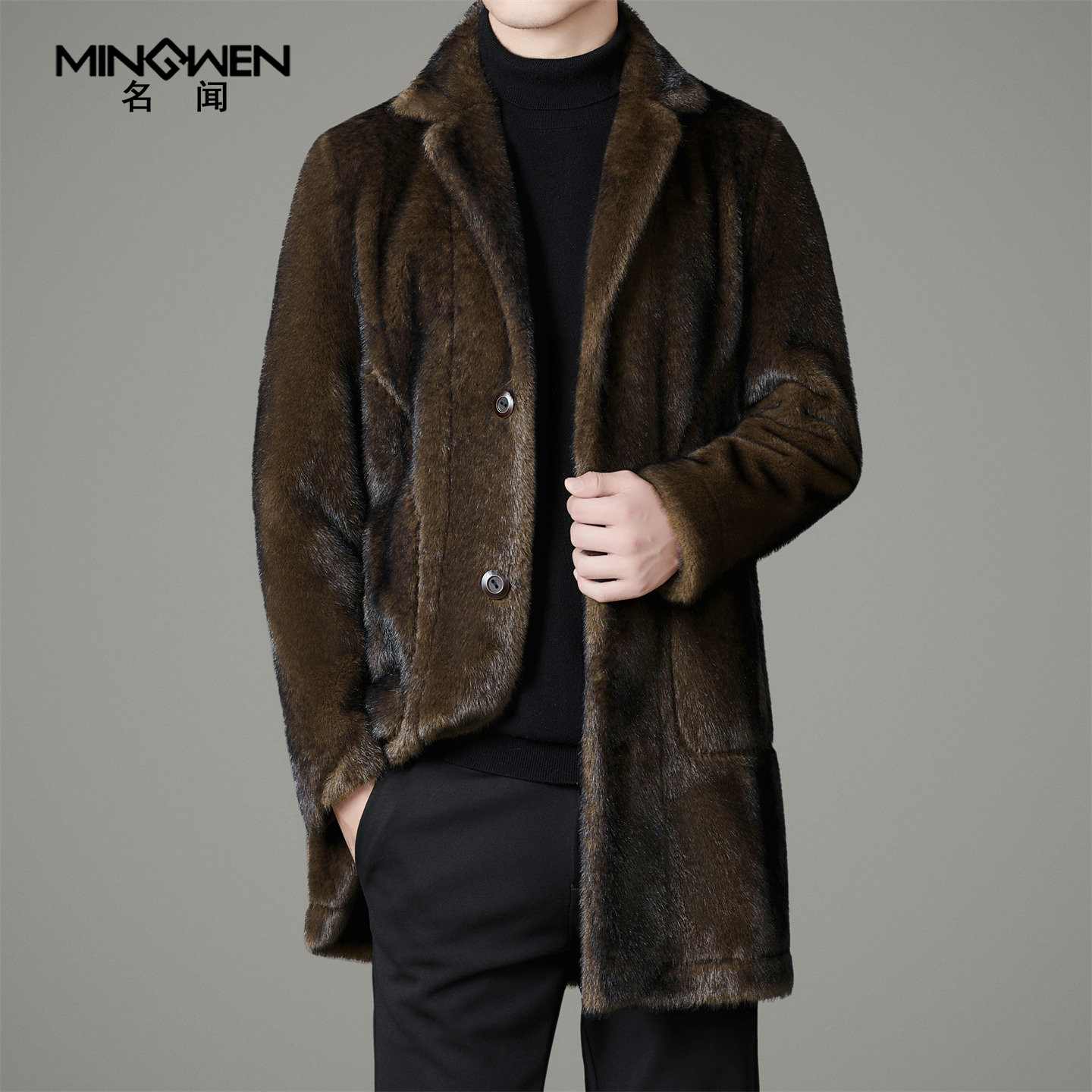 西装领两面穿仿貂毛皮草风衣