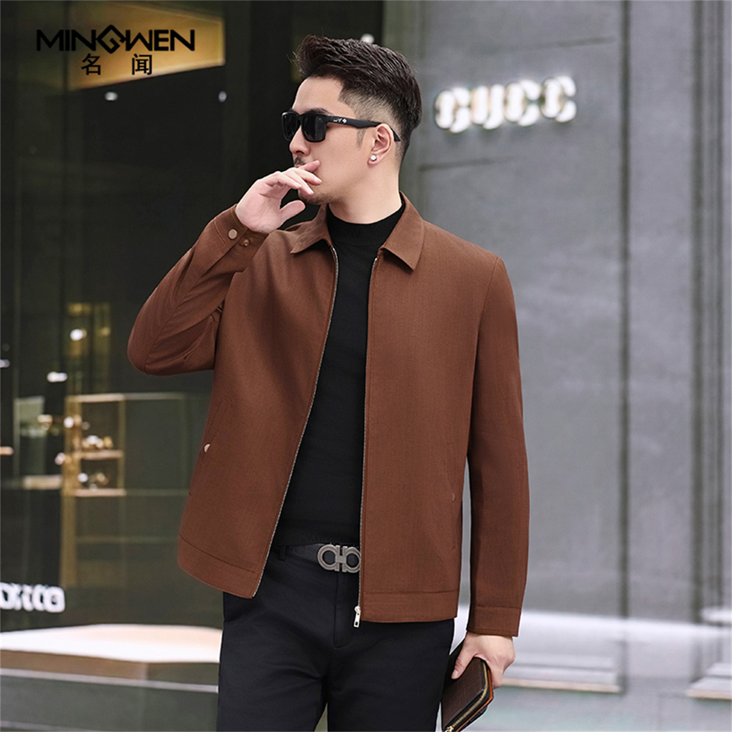 天丝亚麻翻领夹克衫男春秋季薄款高级感行政通勤宽松商务休闲外套