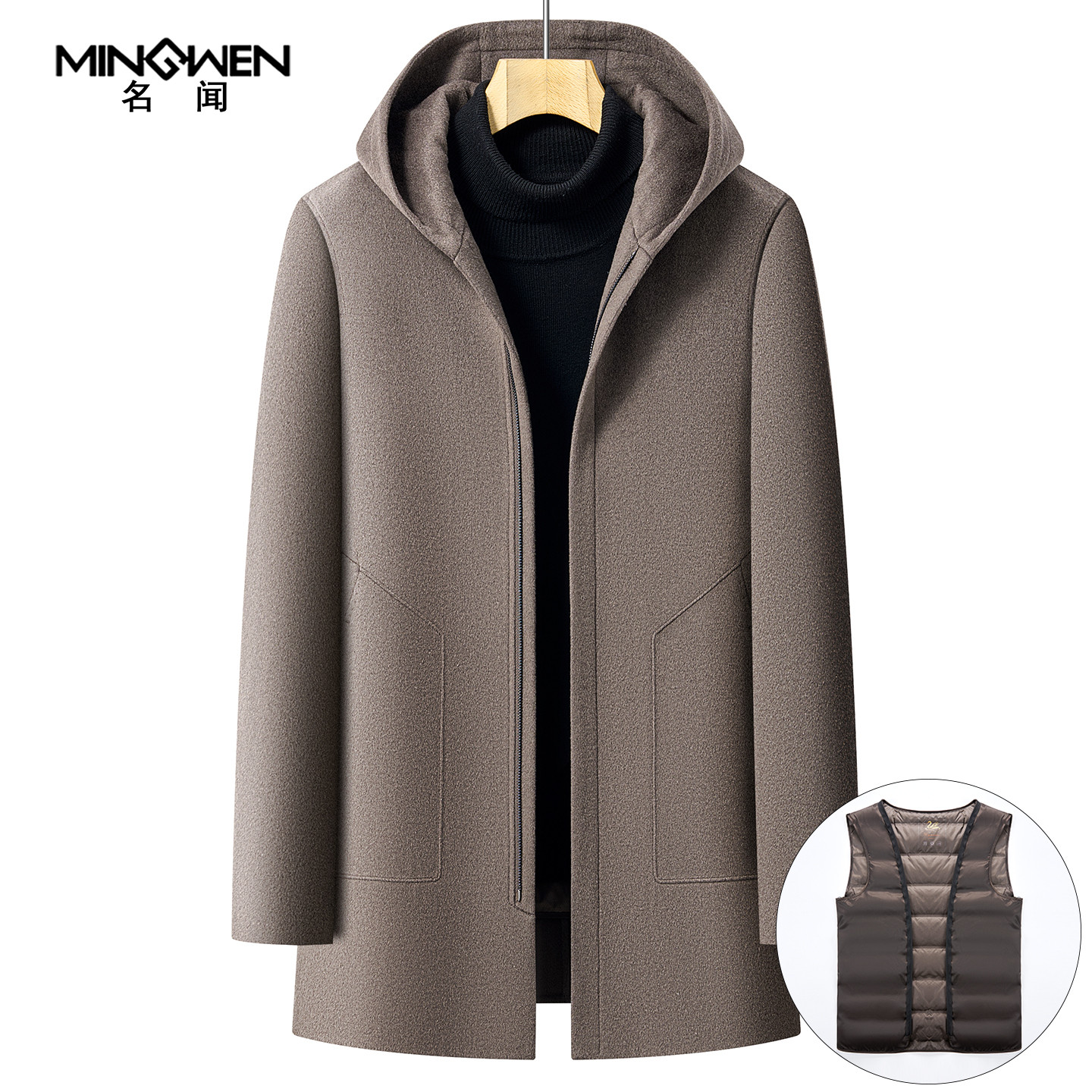 连帽羊毛双面呢大衣男冬季加厚中长款高级感痞帅羽绒内胆风衣外套