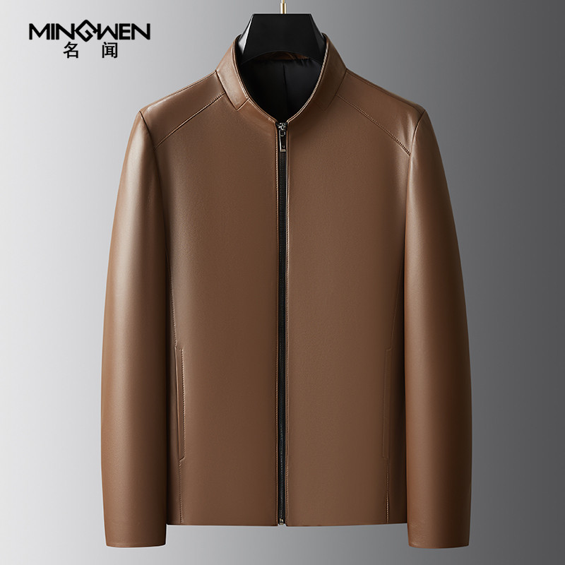 立领真皮皮衣男秋冬季短款时尚高级感商务休闲中年绵羊皮夹克外套