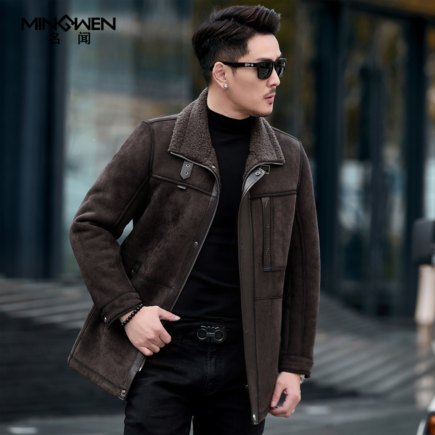 立翻领仿皮毛一体男冬季中长款加绒加厚纯羊毛颗粒羊剪绒保暖外套