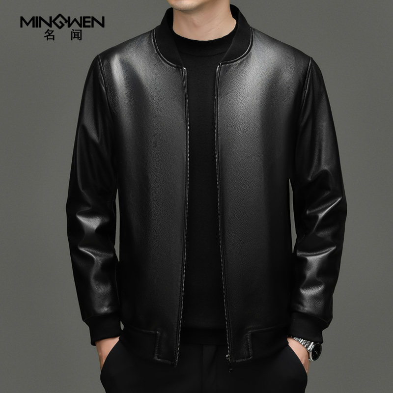 时尚夹棉款棒球领头层牛皮夹克