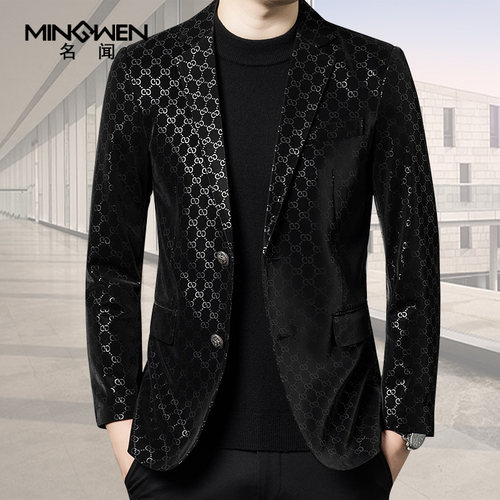 名闻韩版印花西装领真皮皮衣