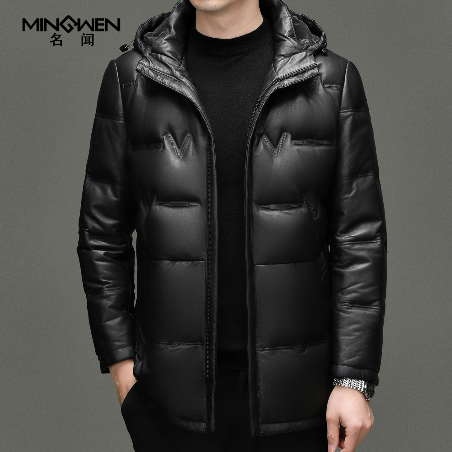 中长款连帽真皮皮衣鹅绒服