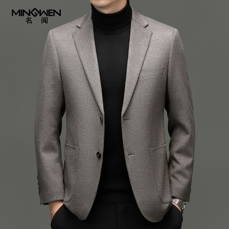 含桑蚕丝羊绒休闲西服男潮流高级感痞帅正装羊毛呢子西装单件外套