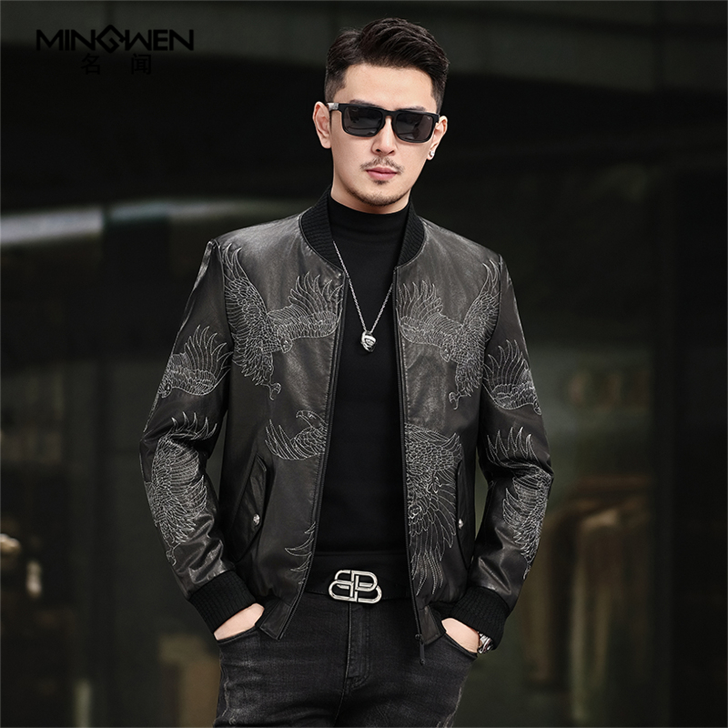 刺绣机车棒球服真皮皮衣