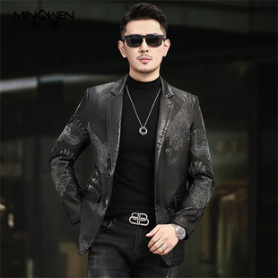 时尚 真皮西装 修身 韩版 潮流高级感痞帅刺绣头层牛皮西服外套 男薄款
