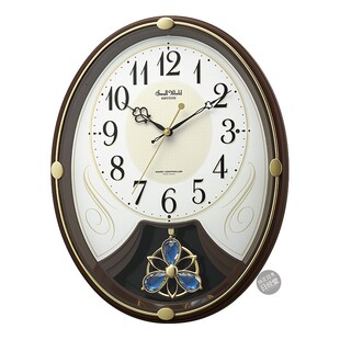 日本丽声RHYTHM电波挂钟棕色客厅水晶钟摆欧式椭圆复古音乐报时