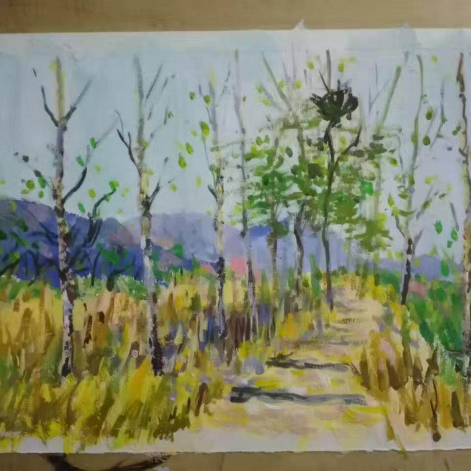 太行山古镇水粉色彩手绘素描丙烯代画彩铅风景画手绘水彩画定制
