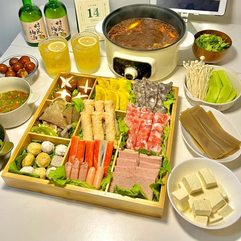 九宫格火锅格子吃火锅的盘子木质配菜托盘家用厨房置物收纳架食盒