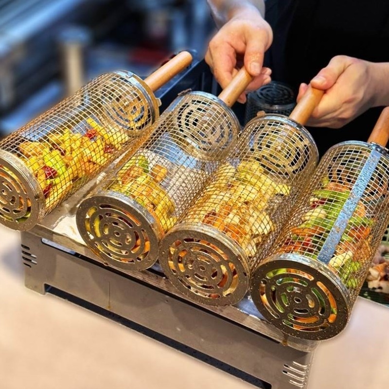 烧烤笼BBQ不锈钢滚动烧烤筒烧烤网烟熏烤肉圆形烤架烤篮