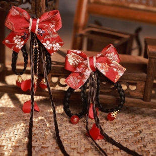 女童红色古装发饰2025新款秋冬汉服蝴蝶结头饰幼儿国风发卡新中式