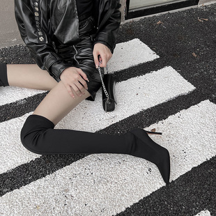 床上粗腿显瘦过膝长靴女2025新款尖头细跟高跟长筒袜子高筒弹力靴