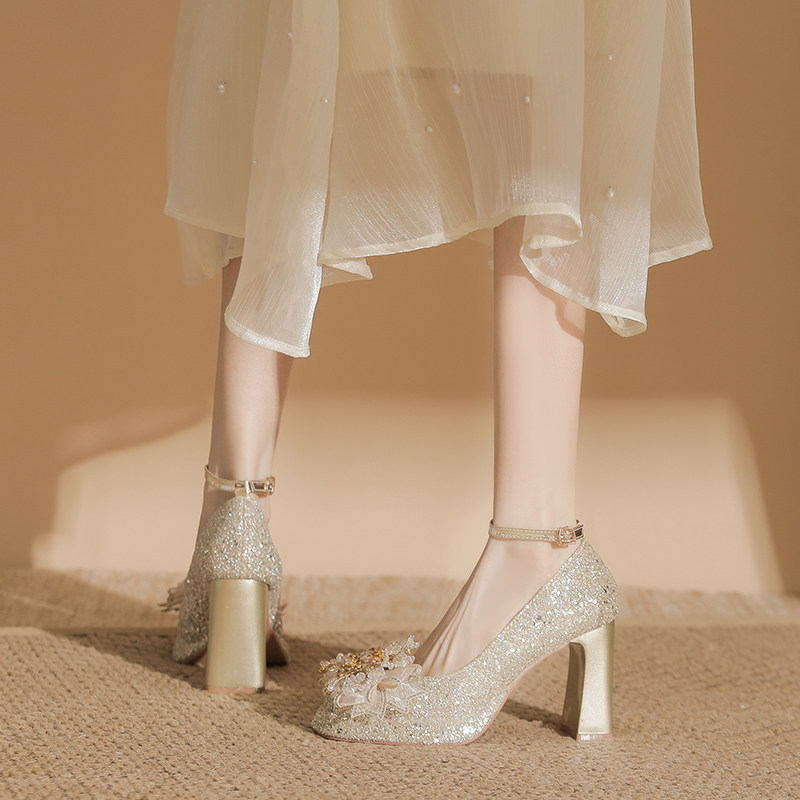 不累脚主婚鞋厚底神器新娘鞋粗跟一字扣带玛丽珍女鞋防水台高跟鞋