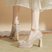 蝴蝶结防水台高跟鞋 粗跟方头一字扣带玛丽珍女鞋 新娘鞋 不累脚婚鞋