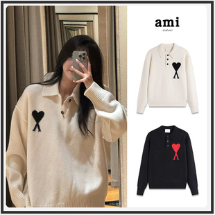 ami针织衫polo领男女情侣25年秋冬新款翻领大爱心刺绣长袖羊毛衣