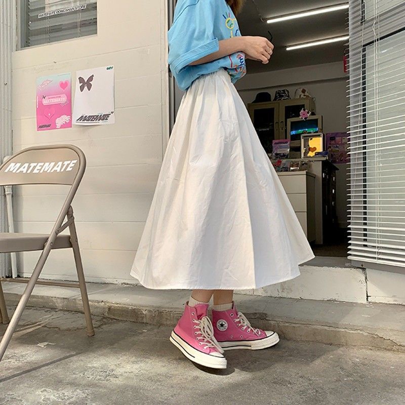 日系少女学生工装半身裙女大码胖mm高腰原宿风中长款伞裙a字裙子
