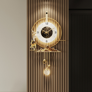 2026年新款钟表客厅背景墙挂钟时尚轻奢风设计时钟山水画麋鹿挂表