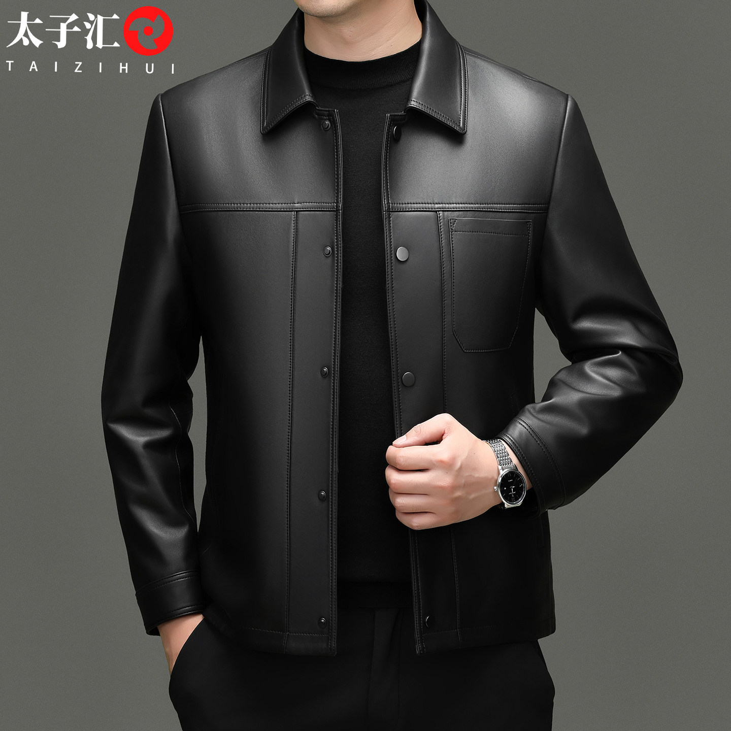 男士绵羊皮真皮茄克中年休闲皮衣翻领按扣商务高档皮夹克外套上衣