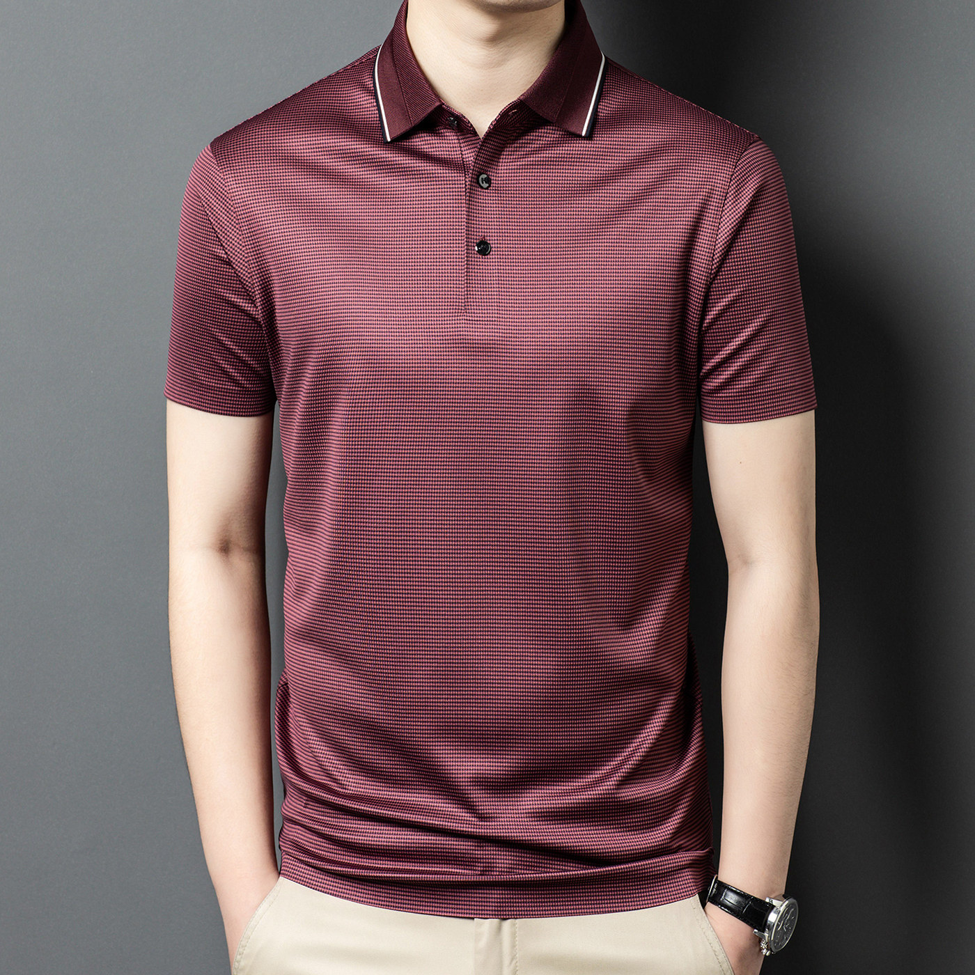 醋酸桑蚕丝短袖t恤男翻领休闲条纹Polo衫凉感中年夏装高级感上衣