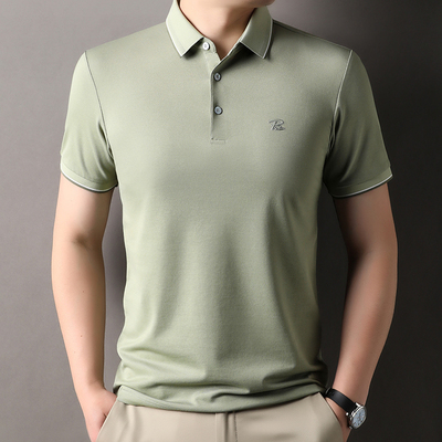 冰丝光棉短袖t恤男士翻领POLO衫宽松浅绿色上衣爸爸装体恤衫潮流