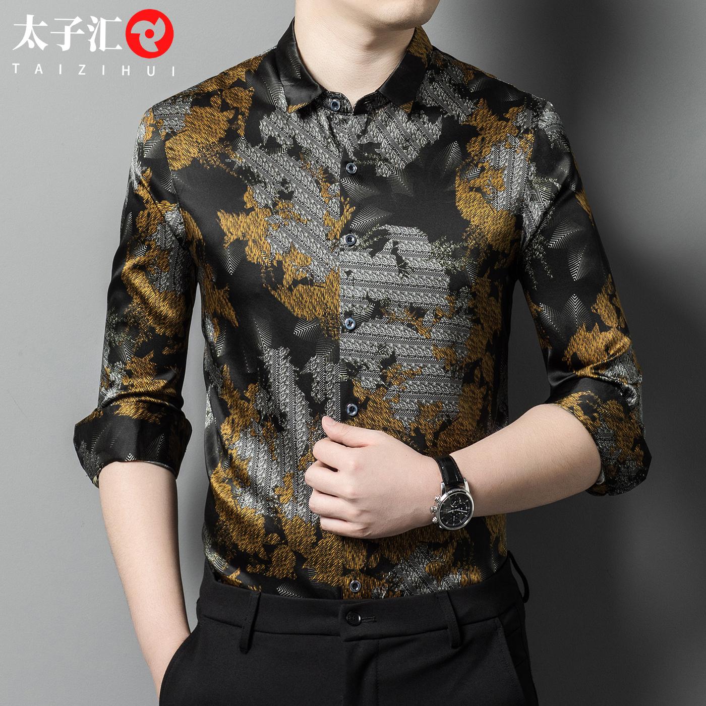 新款男士春秋装衣服长袖桑蚕丝衬衫高端杭州真丝绸缎面男装上衣
