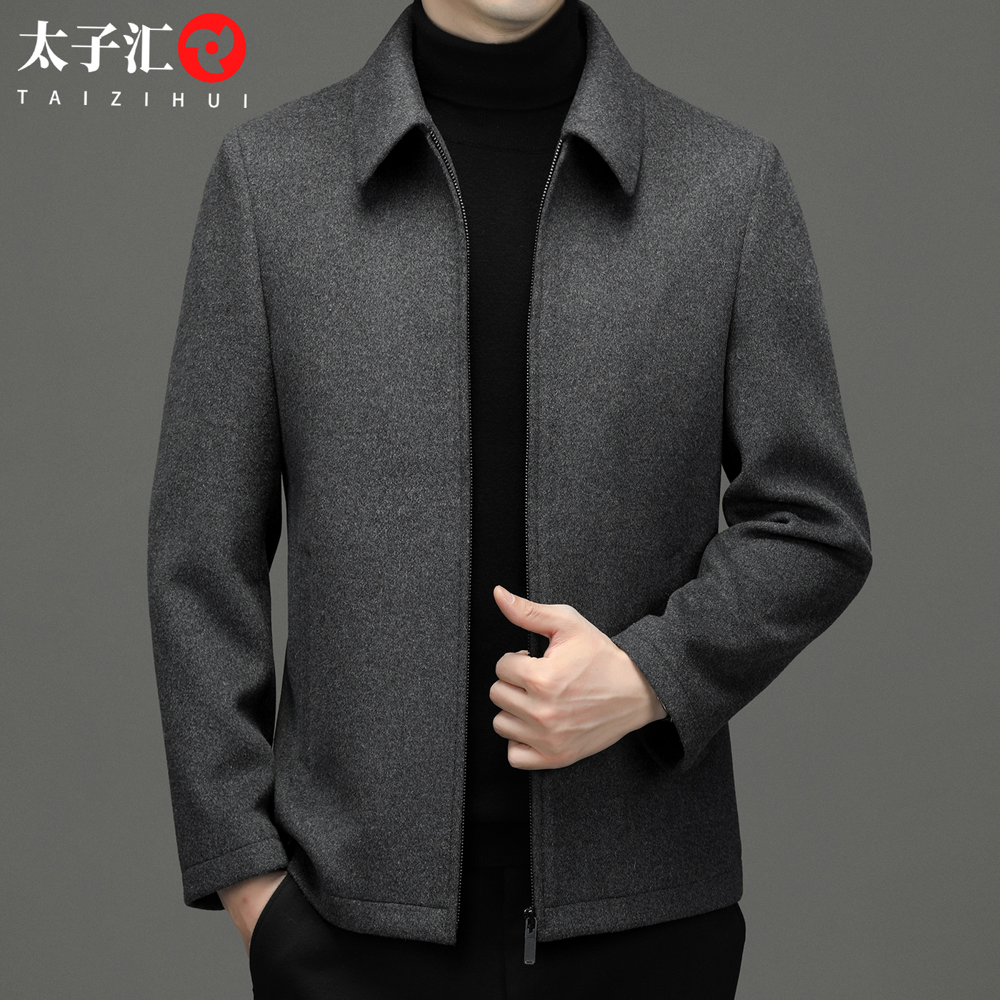 羊毛呢大衣短款中年爸爸翻领外套