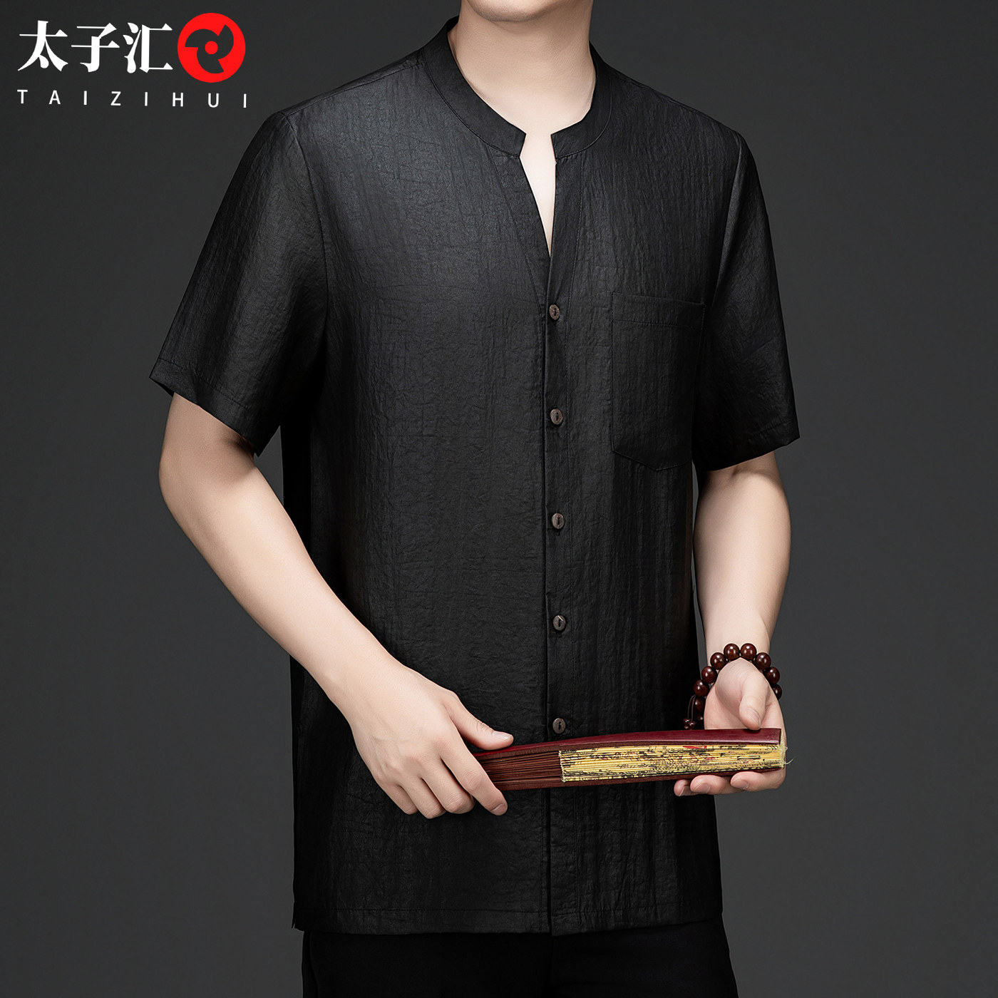 100%桑蚕丝香云纱唐装衬衫男士短袖男装新中式禅意真丝绸上衣夏季