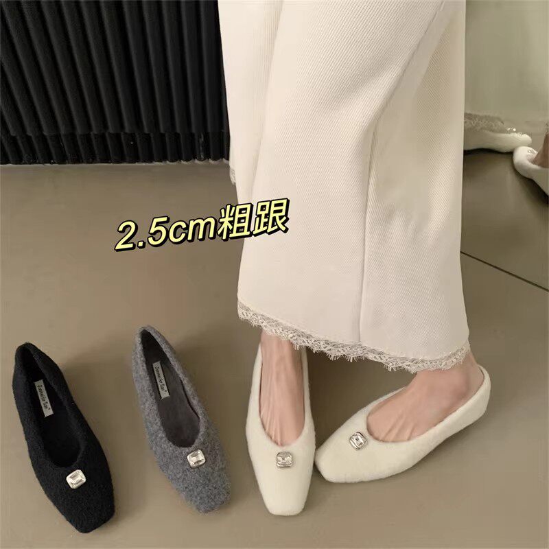 法式粗跟小香风毛呢单鞋女2025秋冬新款方头水钻温柔百搭豆豆瓢鞋,女鞋,浅口单鞋,淘宝优惠券,粉丝福利购,淘宝优惠卷