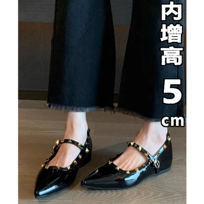 尖头铆钉单鞋内增高法式玛丽珍鞋