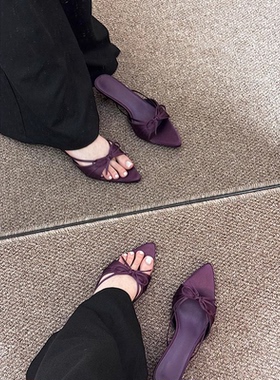 羊皮！拖鞋女夏外穿配裙子绝美紫色绸缎蝴蝶结尖头猫跟法式小凉拖