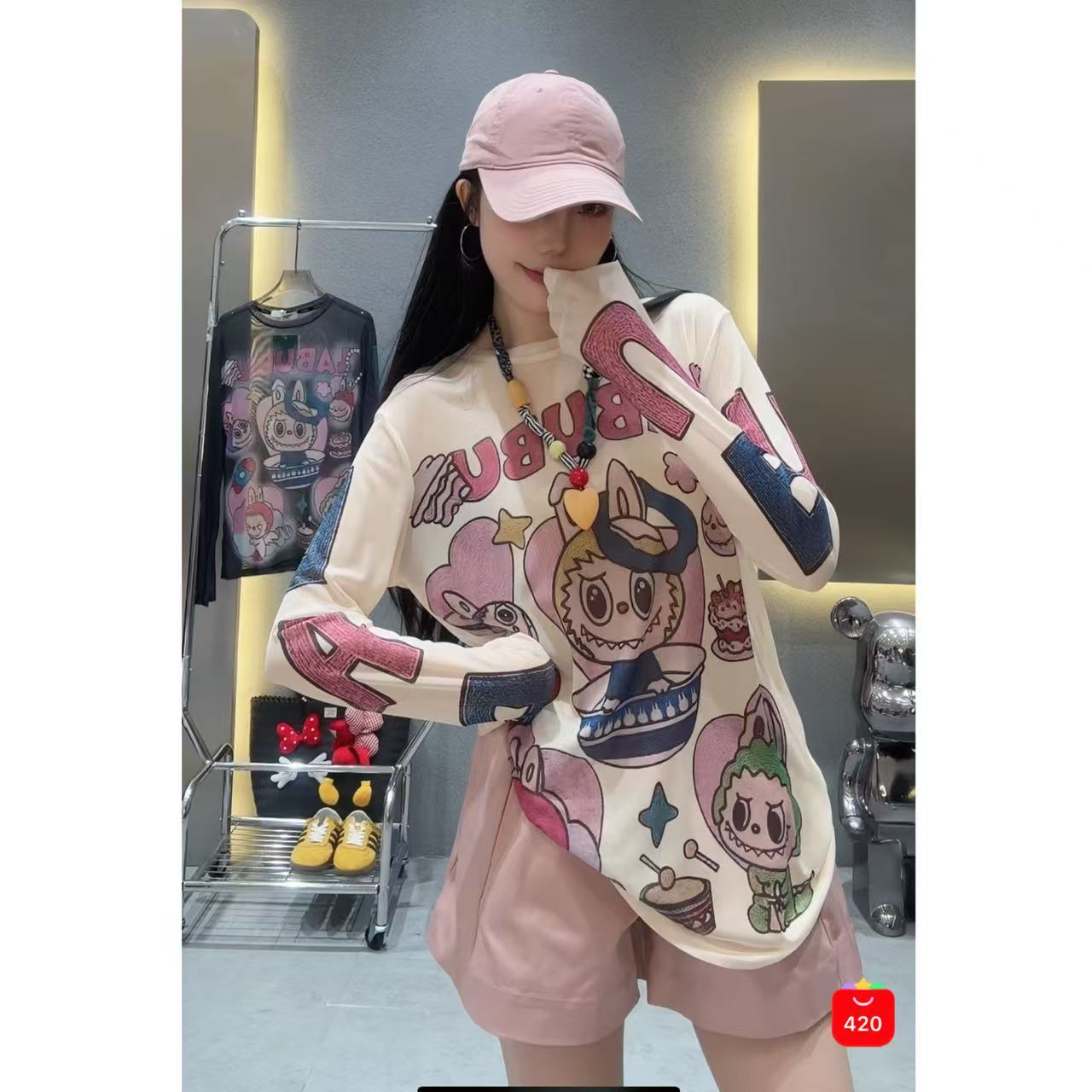 捡漏0615【娜娜上新】字母卡通印花拉布布网纱防晒打底衫JL