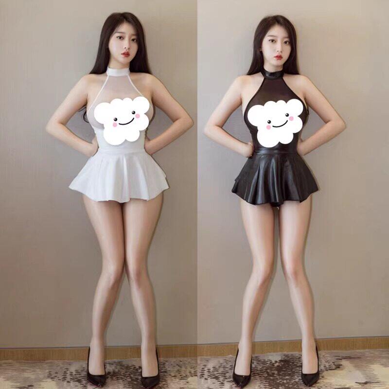 性感内衣女士新品透明油光布拼接围脖吊带聚拢显瘦百褶裙迷你连衣