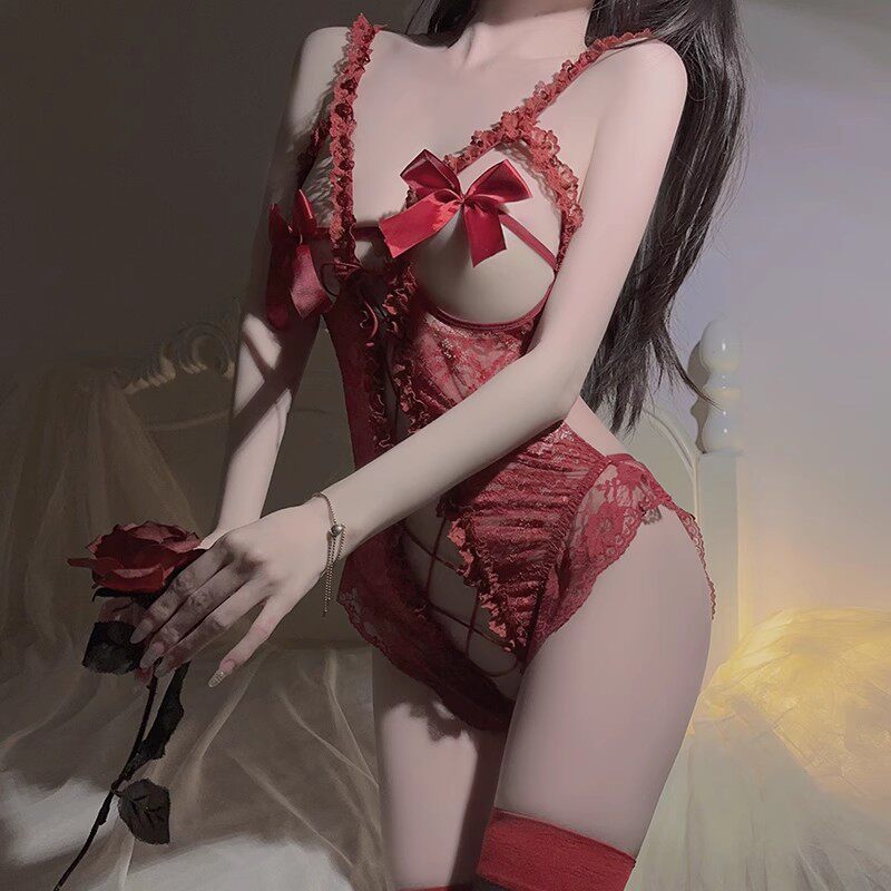 性感蕾丝内衣女纯欲免脱连体衣镂空吊带蝴蝶结开了档透视漏背制服