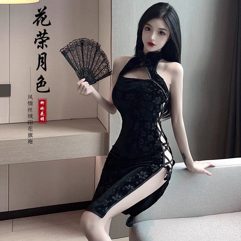 2024夏季新款睡衣性感复古丝绒修身睡裙侧边绑带诱惑旗袍制服套装