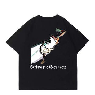 新款学生印花短袖t恤路亚元素翘嘴咬铁板男女款休闲钓鱼上衣