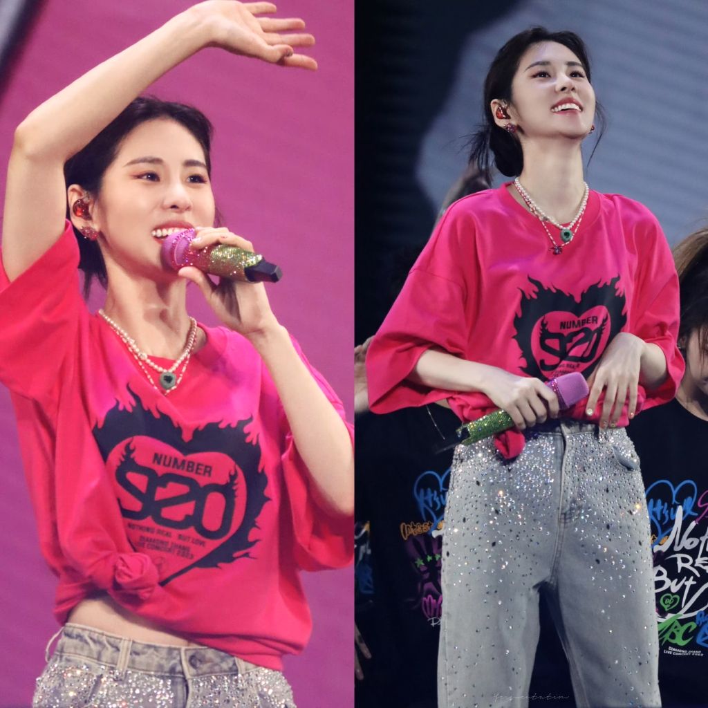 张碧晨同款玫红色短袖巡演T恤女2023夏季新款女宽松百搭印花上衣