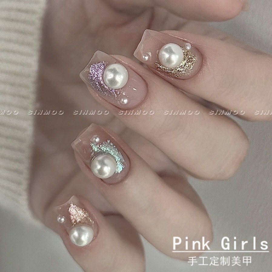 Pink Girls纯手工樱禾仙粉膏珍珠ins穿戴甲巨显白成品美甲假指甲