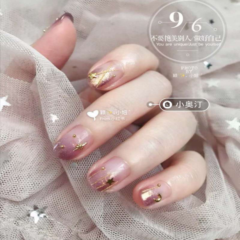 星月渐变晕染温柔紫流沙胶美甲成品贴片甲片假指甲穿戴式可拆卸