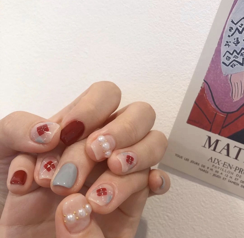 韩式珍珠格纹学院风可爱甜美萌穿戴美甲成品贴片假指甲甲片可拆卸