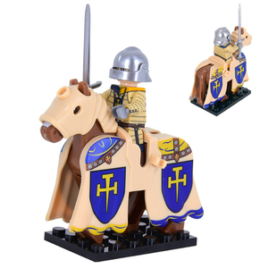 益智拼图中古代世纪十字军条顿骑士盔甲战马士兵拼装积木人仔玩具