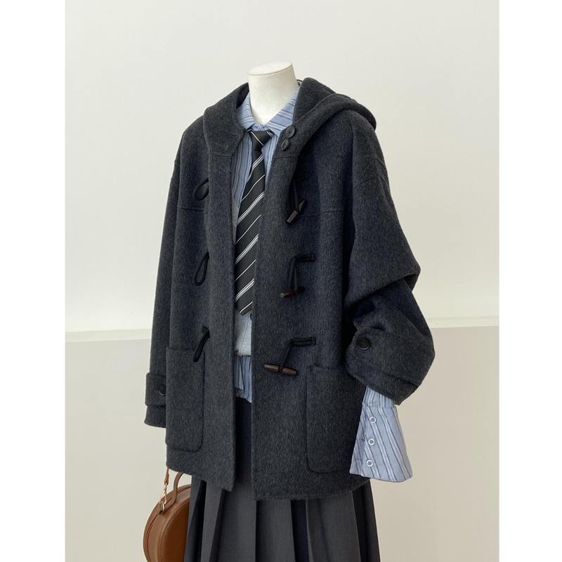 深灰色短款连帽呢子大衣女2024新款秋冬高级感毛呢外套韩系小个子