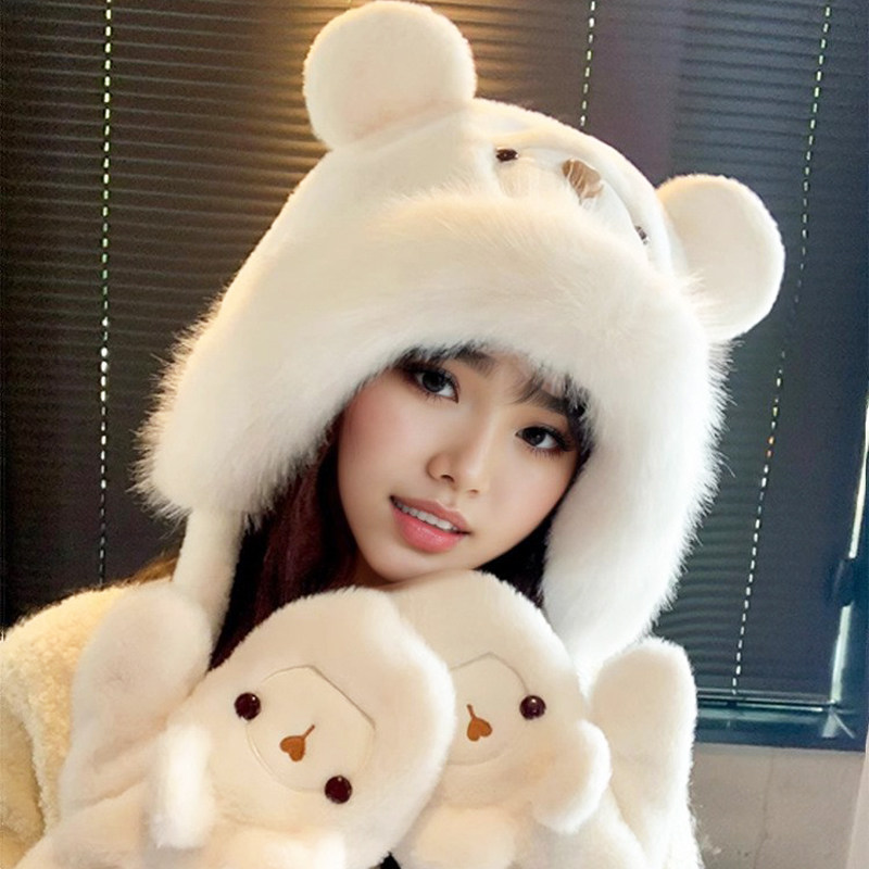 大毛领可爱小熊帽子女秋季冬天加厚甜美套头帽毛茸茸下雪天保暖帽