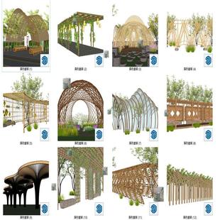草图大师模型 现代异形景观廊架SU模型采摘园长廊亭构筑彩虹廊架