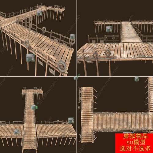 SU模型景观桥复古码头木平台码头渔港木走道水面木平台复古水上