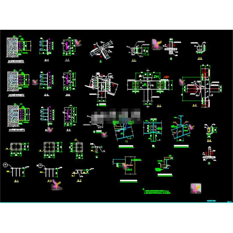 电影院放映厅钢结构阶梯设计施工CAD图纸 钢柱布置总平面图剖面图