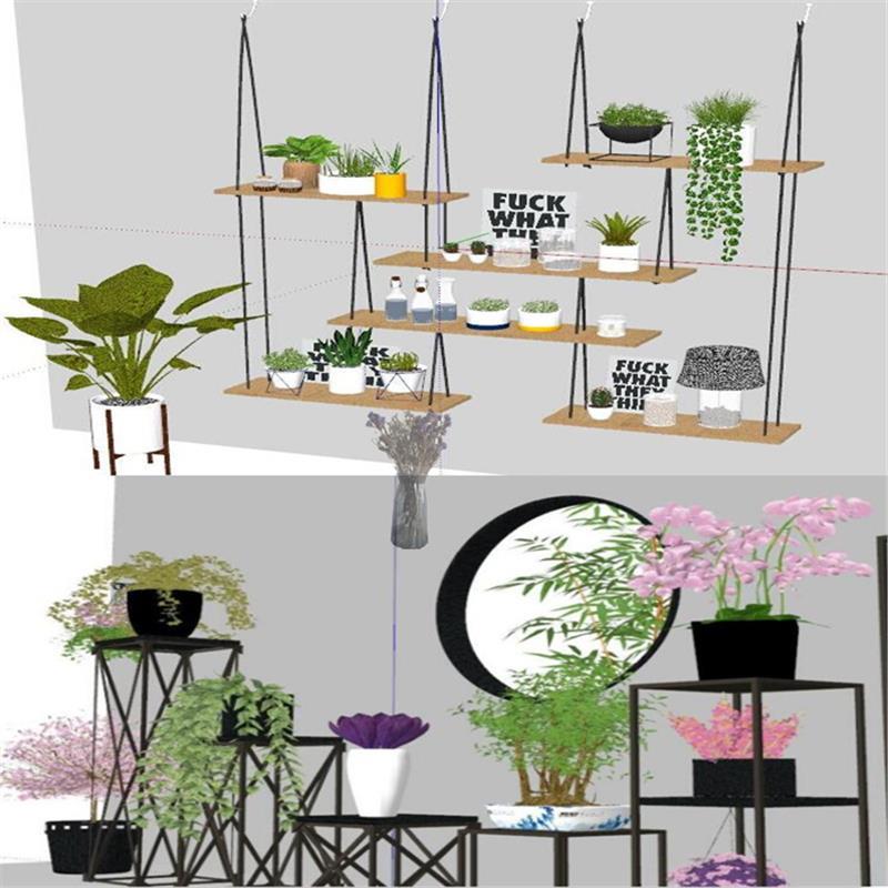SU模型北欧盆栽家装工装室内盆栽花架干花组合绿植装饰摆件植物