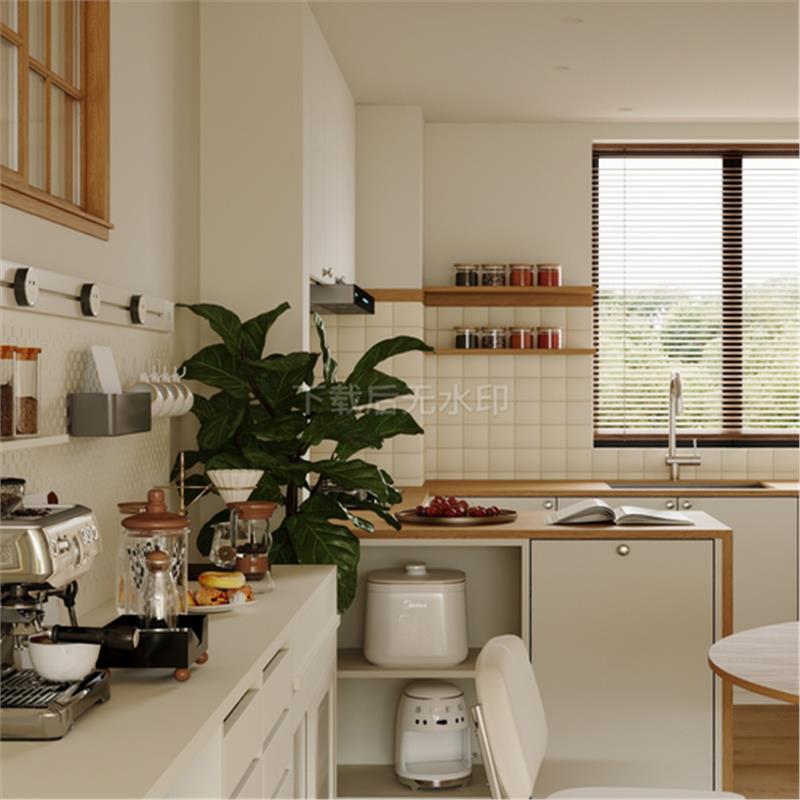 现代奶油开放式厨房 咖啡机 厨房电器 厨具 植物 草图大师SU模型